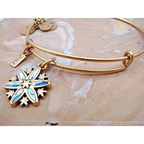 Alex & Ani Slide Bangle Charm Bracelet Crystal Snowflake Path Symbols Gold Tone - Picture 7 of 7